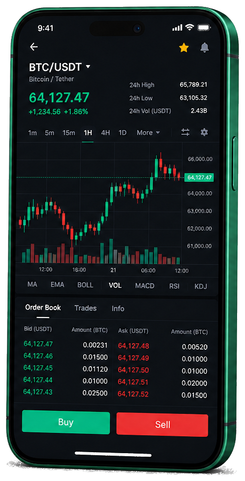 Interface mobile de trading Dealerien AI — cours BTC/USDT en temps réel, carnet d’ordres et outils de suivi des transactions
